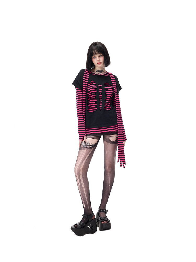 Cat Bone Print Riveted T-Shirt【s0000017714】
