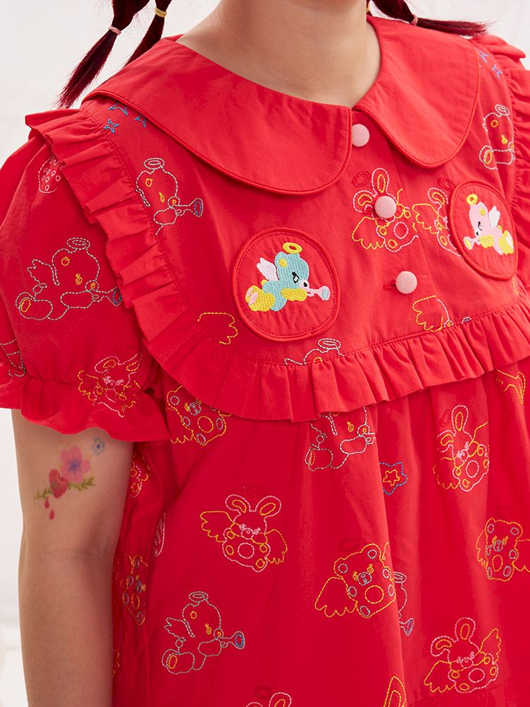 Animal angel heavy embroidery red doll shirt【s0000013184】