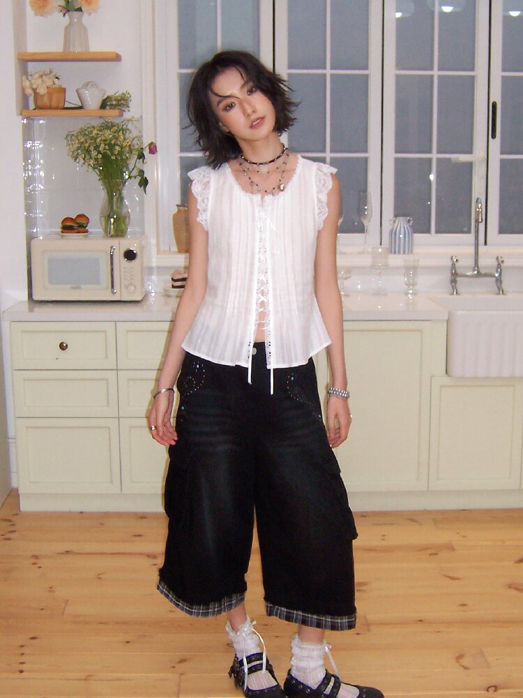 Spliced Plaid Diamond Wide Jeans【s0000016659】