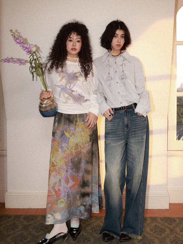 Mist Orchid Print Lace Up Top【s0000015457】