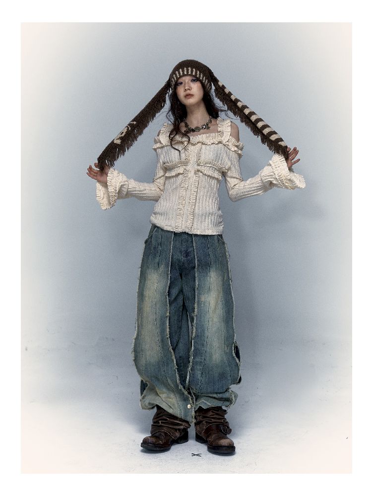 One Shoulder Flare Sleeve Knit Top【s0000004679】