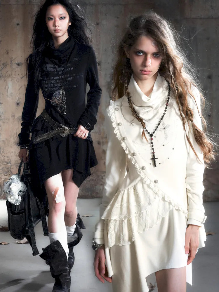 Asymmetric Collar Long-Sleeve Dress【s0000013960