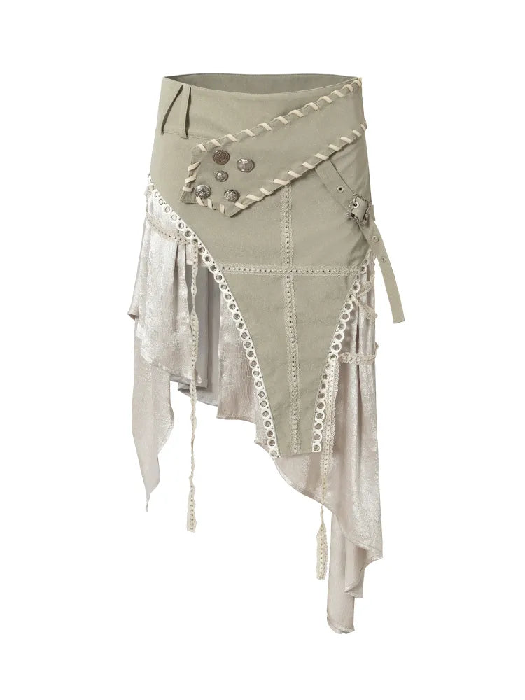 Asymmetric Leather-Satin Skirt【s0000013944】