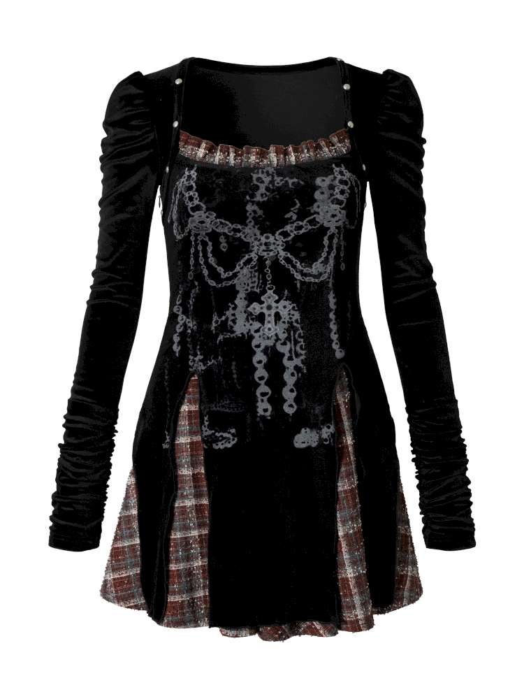 Vintage Baroque Velvet Check Dress【s0000014935】