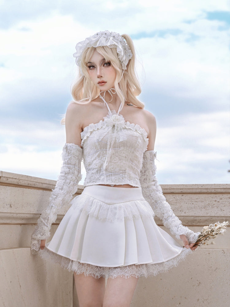 Flower lace halter neck ruffle tube top【s0000005558】