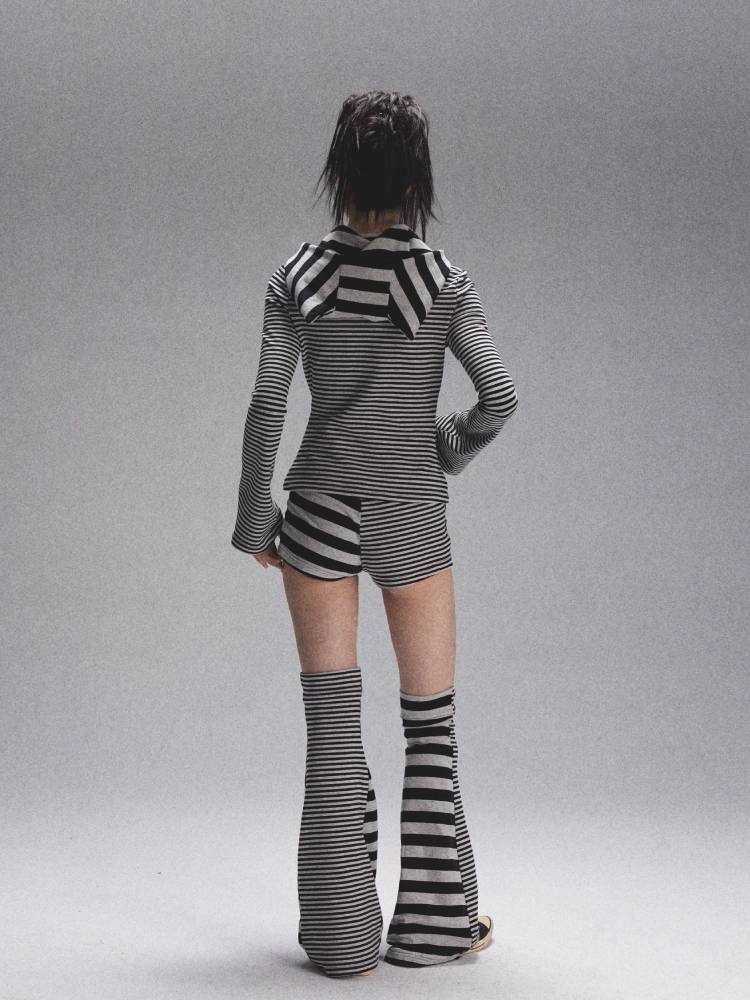 Striped print long sleeve hooded T-shirt【s0000008450】