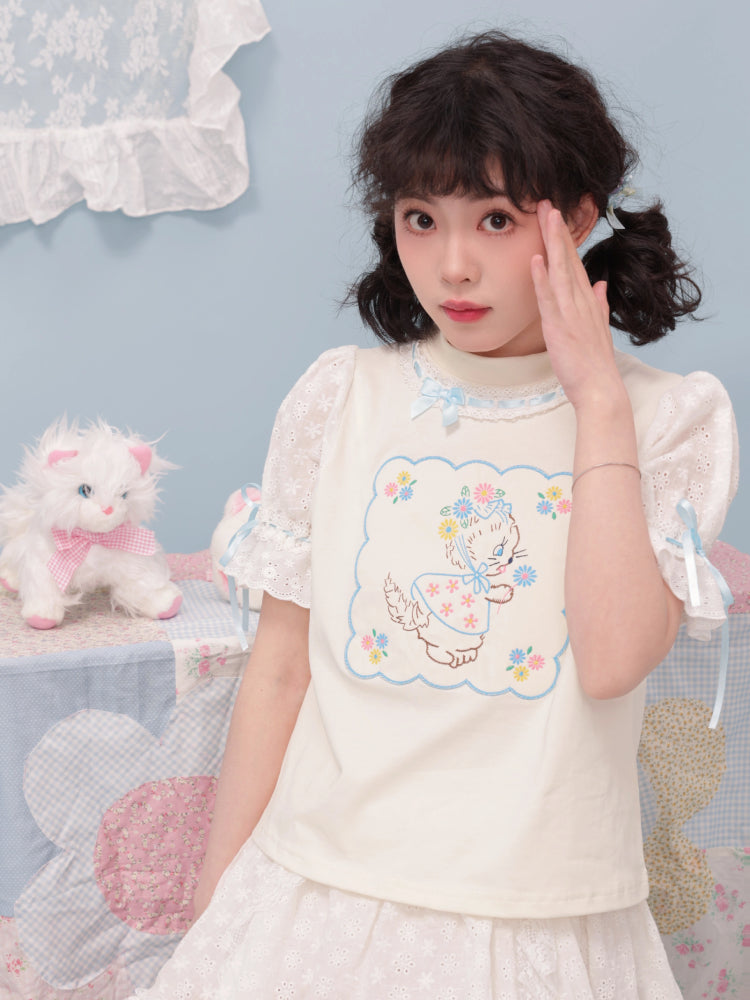 Puff sleeve cat short sleeve T-shirt【s0000007741】