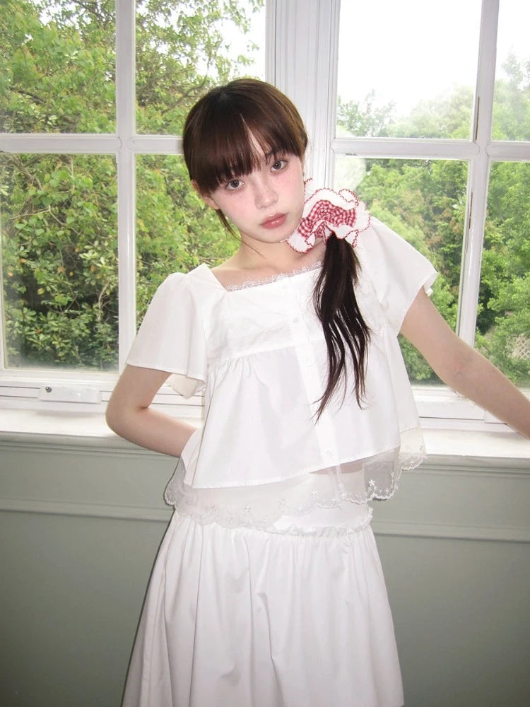 Ruffle sleeve short sleeve shirt and sweet skirt【s0000008544】