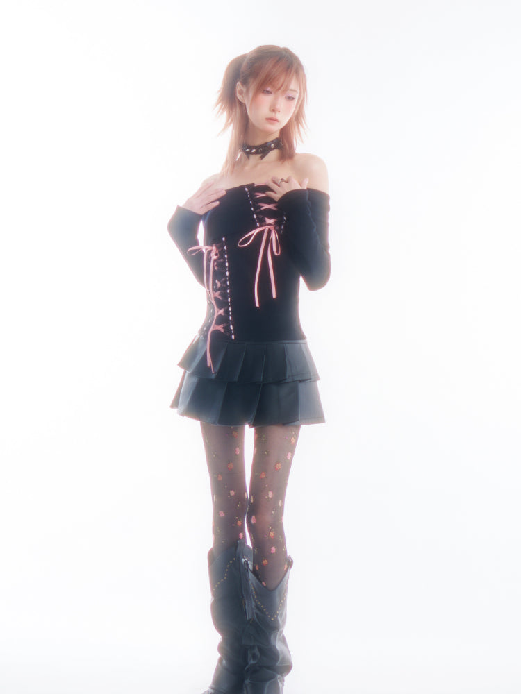 Lace strap one shoulder knit【s0000005650】