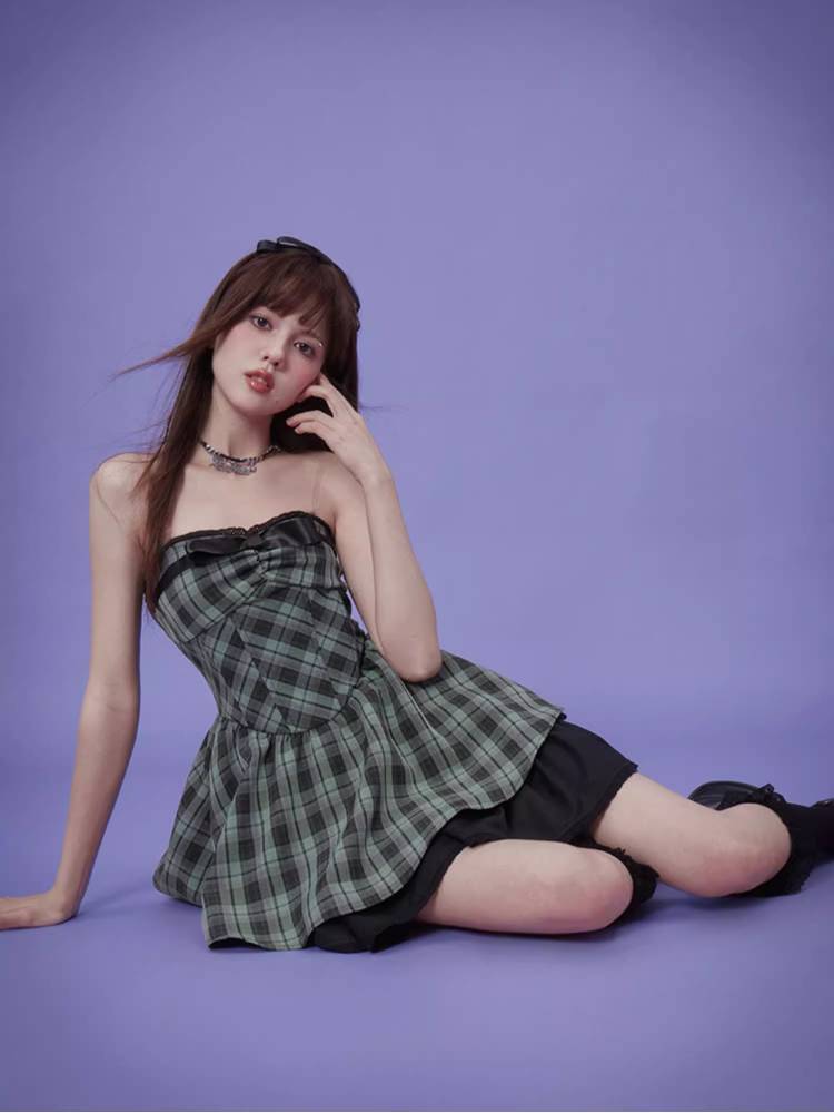 Plaid ribbon tube top dress【s0000008898】