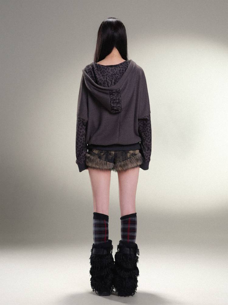 Leopard print heart hooded loose knit top【s0000011456】