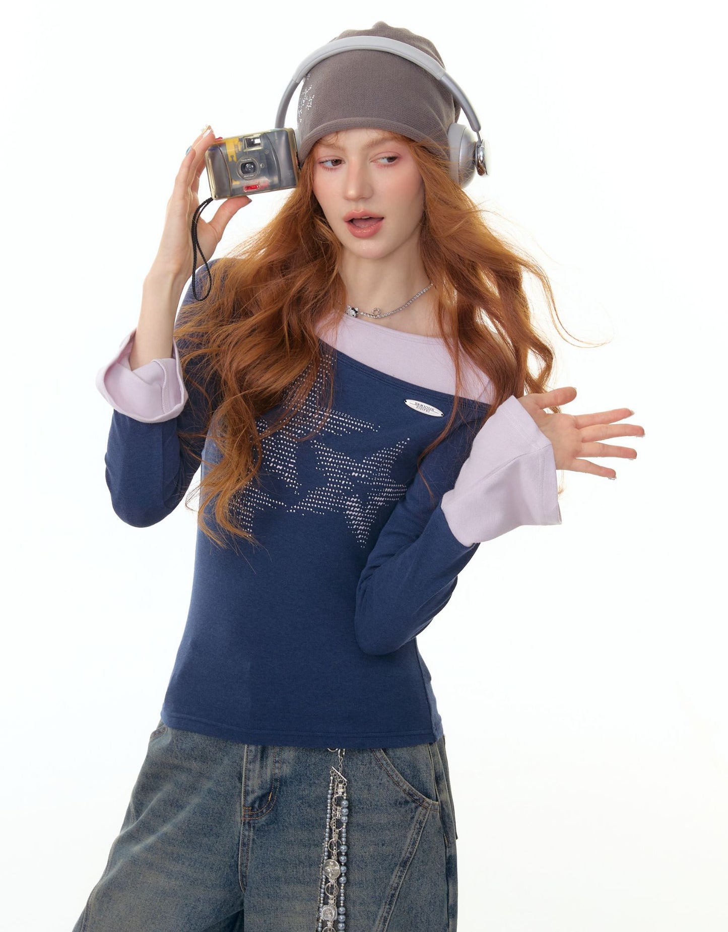 Star Print Dark Blue Long Sleeve T-Shirt【s0000014361】