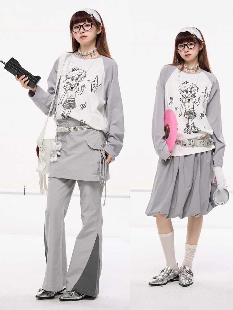 Hand-drawn girly print long-sleeved T-shirt【s0000010420】