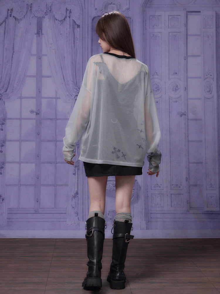 Printed mesh long sleeve T-shirt【s0000007398】