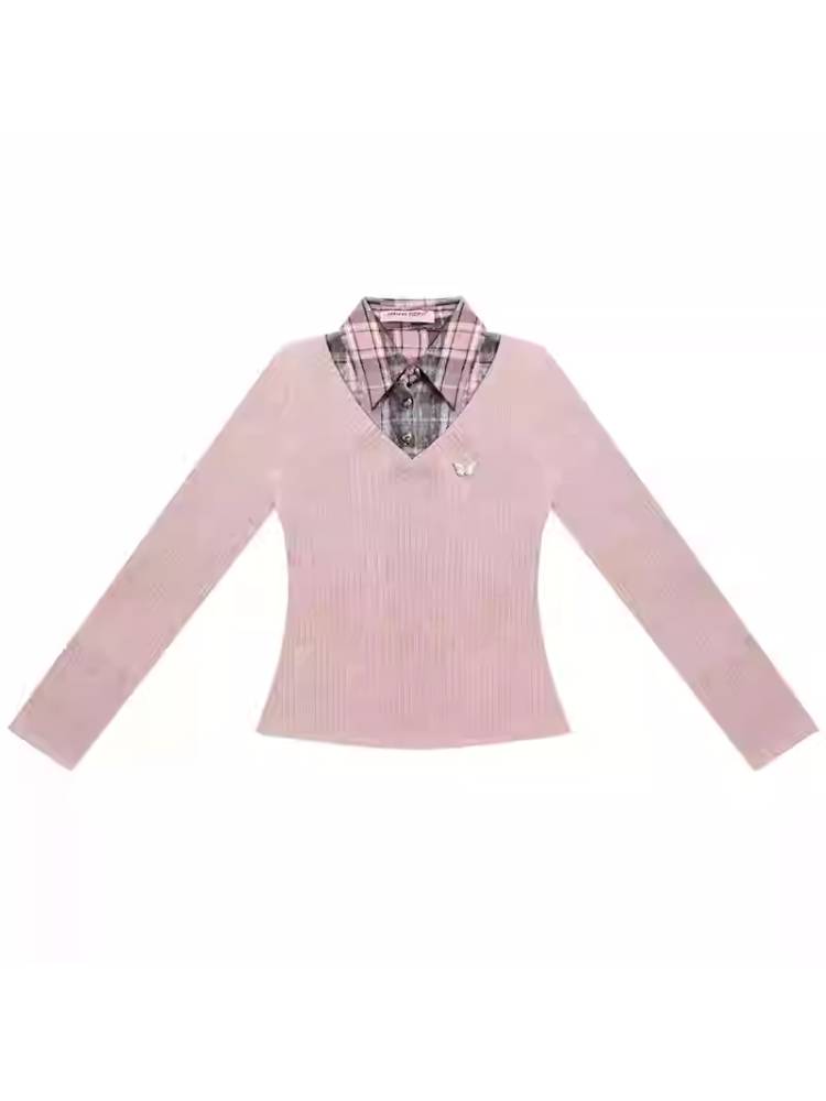 Fake two piece slim fit sweater【s0000011037】