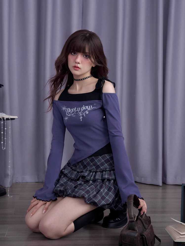 Off shoulder long sleeve T-shirt【s0000010678】