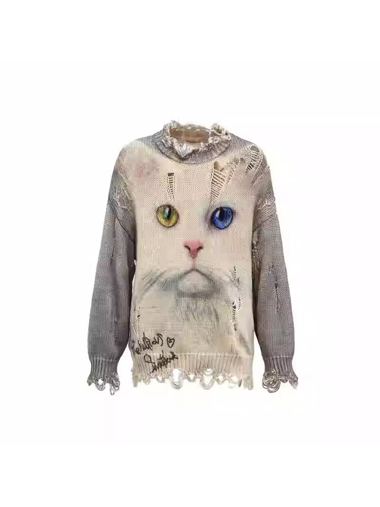 Cat print round neck loose top【s0000011374】