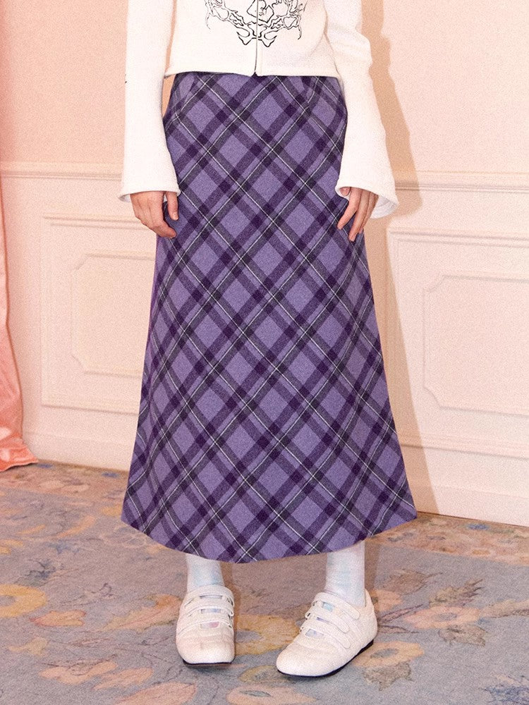 Retro purple plaid A-line skirt【s0000011548】