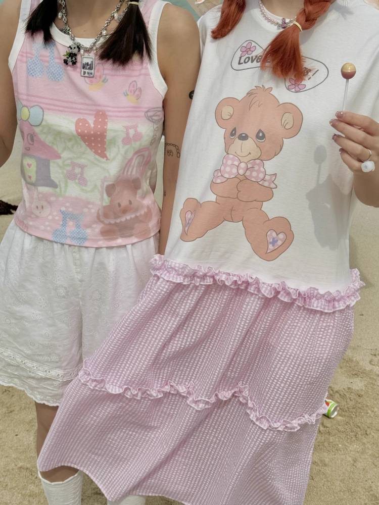 Pink Plaid Faux Two Piece T-Shirt Skirt【s0000008346】