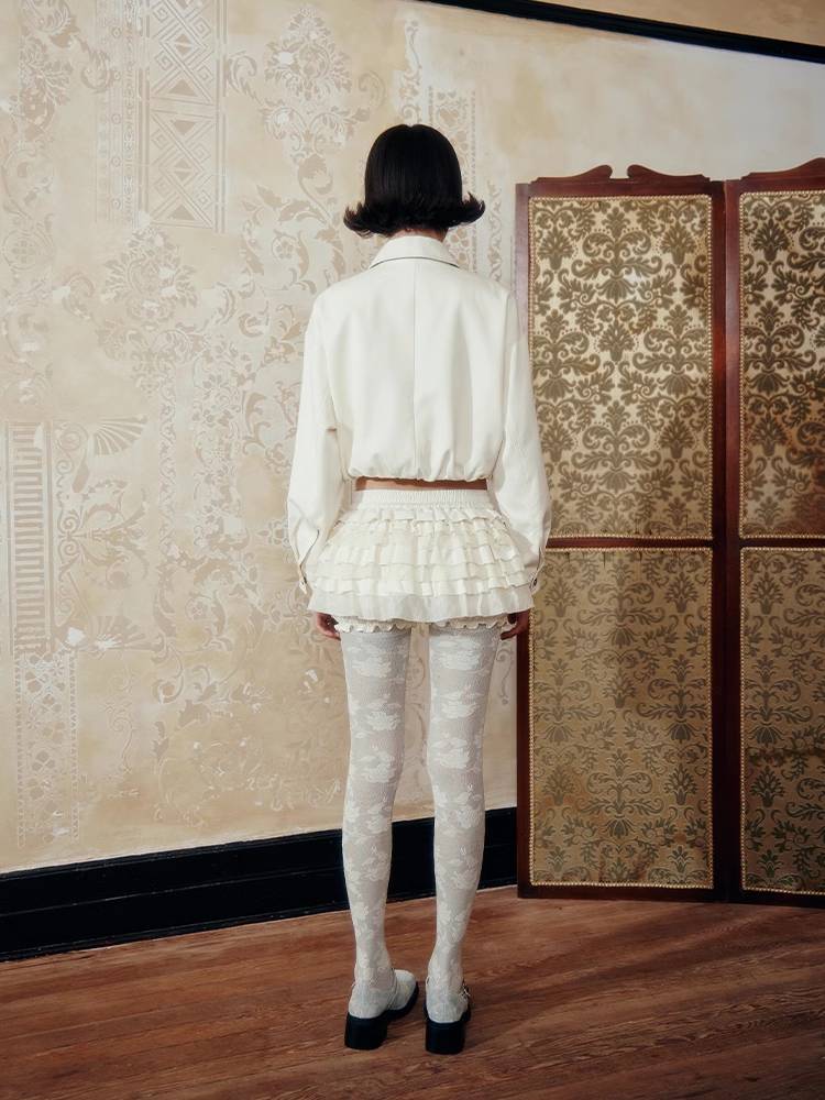 Zipper long sleeve jacket + ruffle culottes【s0000008026】