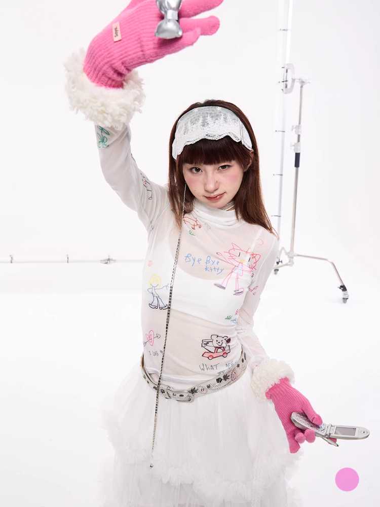 Printed mesh long sleeve top【s0000010422】