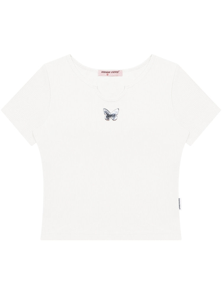 U-neck butterfly short sleeve T-shirt【s0000007536】