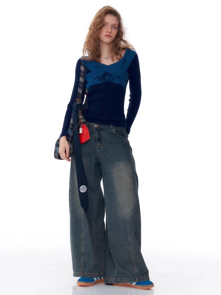 Retro slim fit V-neck sweater【s0000011044】