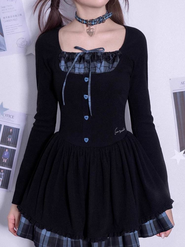 Plaid long sleeve knit dress【s0000011282】