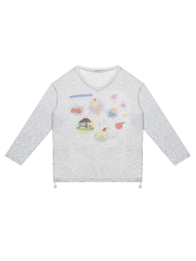 Drawstring Print Semi Sheer Loose V-Neck Long Sleeved T-Shirt【s0000011751】
