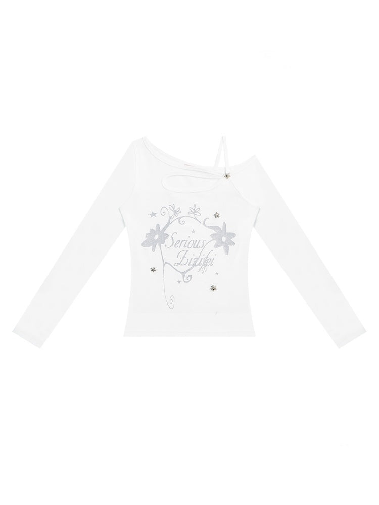 Cut Out Off Shoulder Irregular Neckline Long Sleeved T-Shirt【s0000011754】