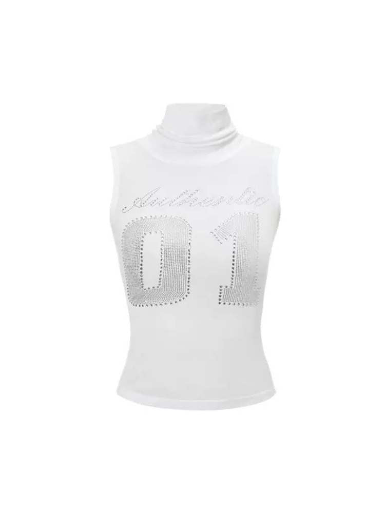Rhinestone Numbers High Neck Mesh Vest【s0000009180】