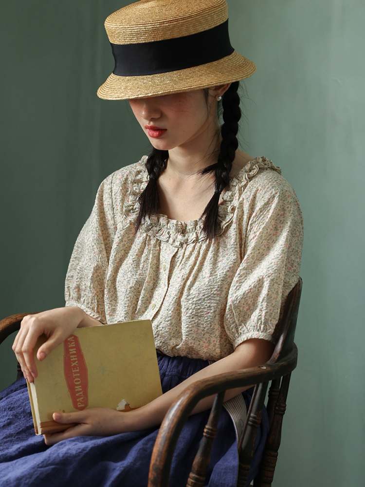 Puff Sleeves Square Neck Floral Tops【s0000006918】