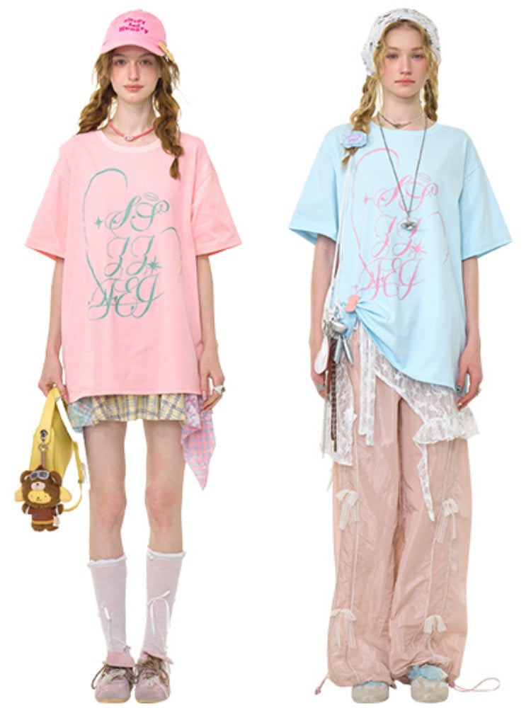Letter Print Round Neck Loose Large Short Sleeve T-Shirt【s0000013009】