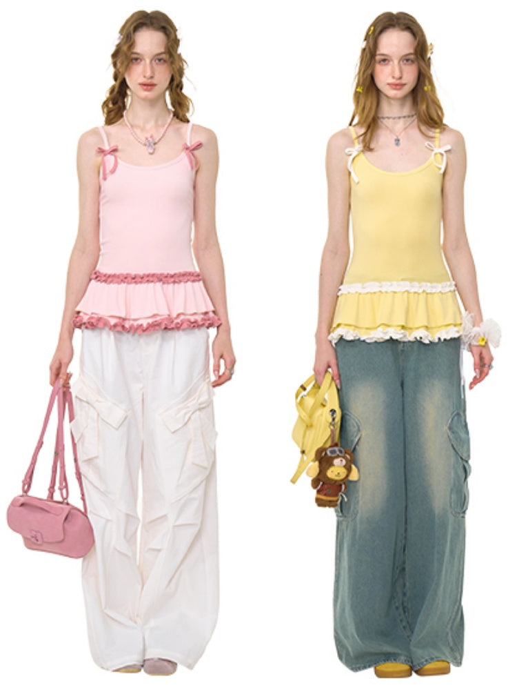 Ruffle Lace Pleated Hem Bow Camisole【s0000013008】