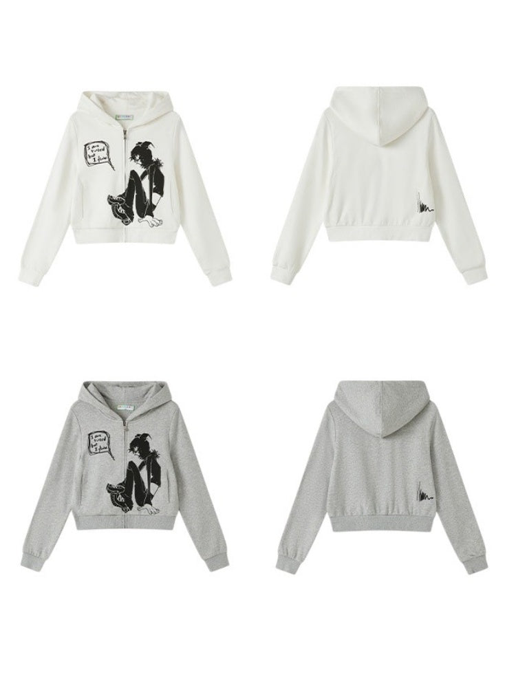 Full Zip-Up Illustration Print Cropped Hoodie【s0000011908】