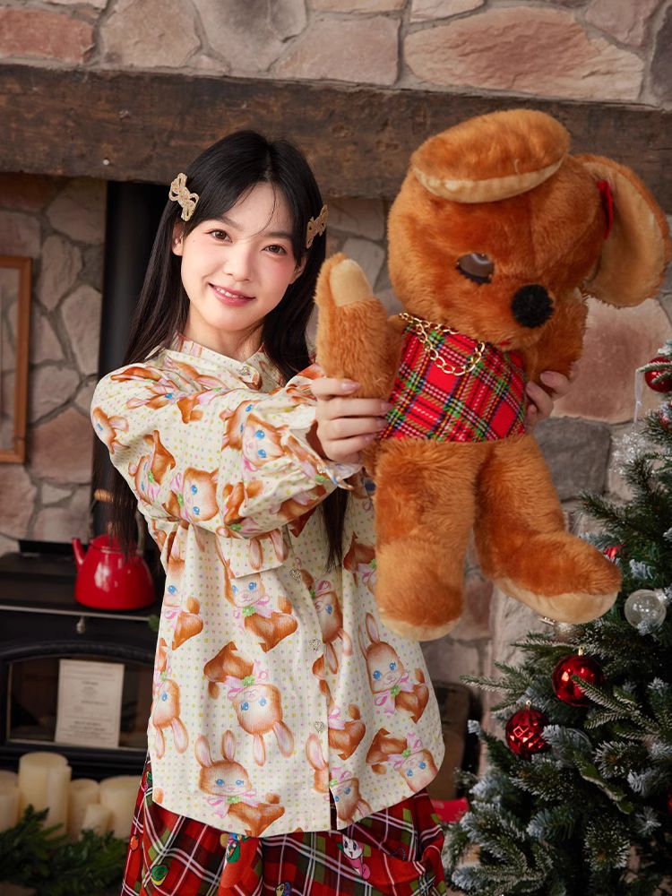 Retro Print Bunny Lace Ribbon Shirt【s0000005343】