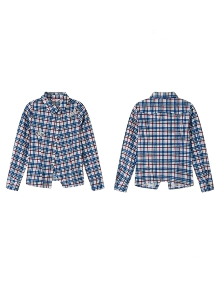 Asymmetrical Star & Moon Beads Embroidered Long Sleeve Plaid Shirt【s0000011906】