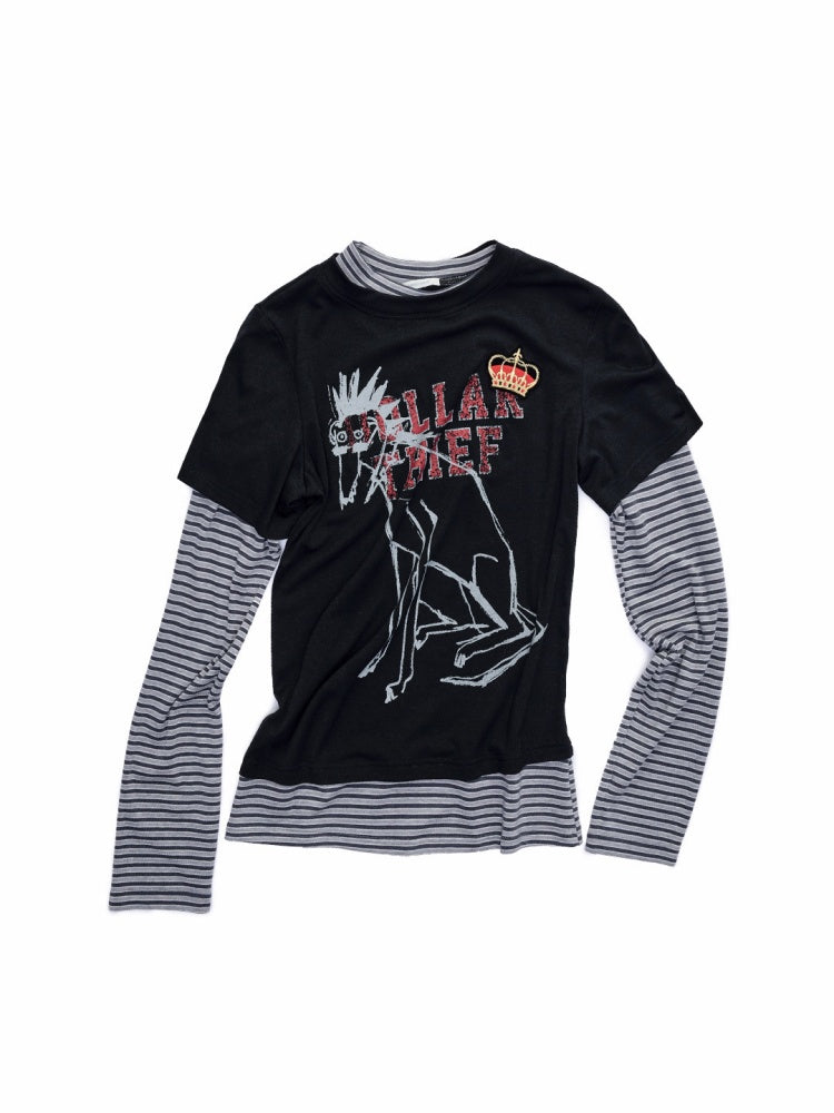Faux Layered Dog Print Long Sleeve Tops【s0000015989】