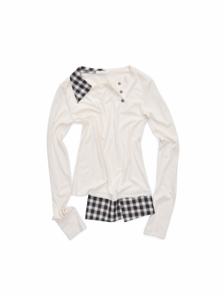 Faux Layered Henley Collar Asymmetrical Patchwork Long Sleeve Tops【s0000015992】