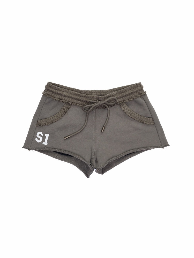 Camouflage Contrast Bone Embroidery Badge Ribbed Sweat Short Pants【s0000015996】