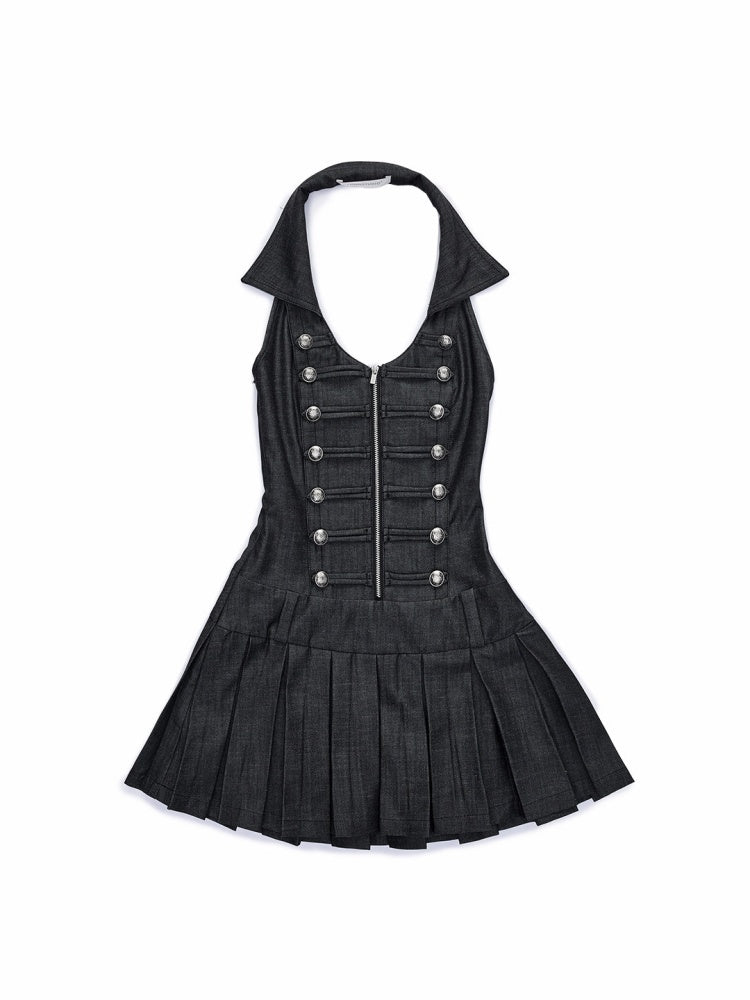 Double-Breasted Large U Lapel Open Back Pleated Dress【s0000015998】
