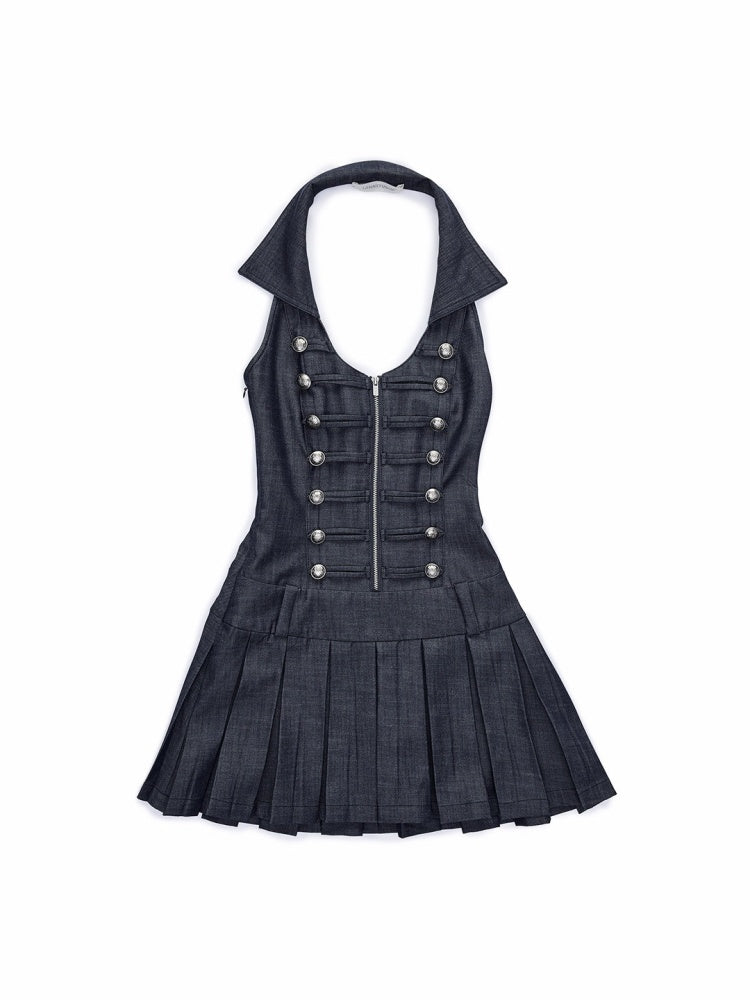 Double-Breasted Large U Lapel Open Back Pleated Dress【s0000015998】