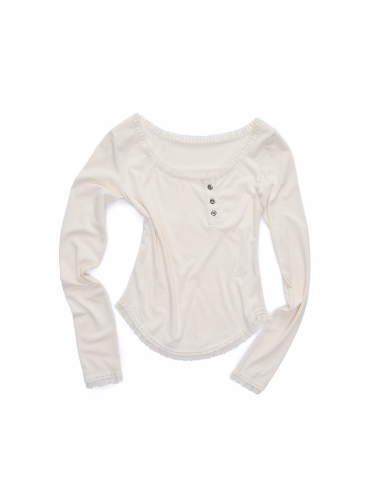 Henry Collar Diagonal Placket Lace Long Sleeve Tops【s0000016003】