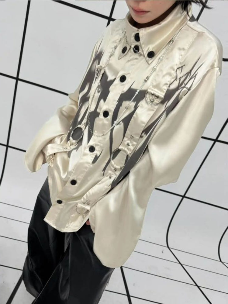 Drop Sleeve Ribbon Metal Rivet Graffiti Print Shirt【s0000011888】