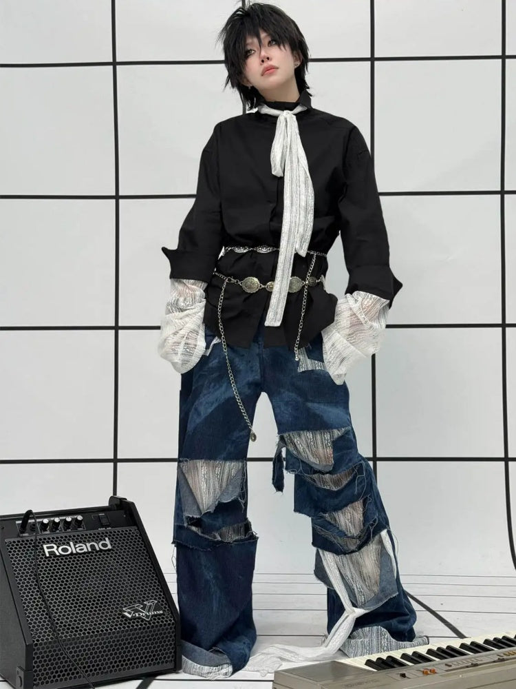 Remake Style Damage Wide Leg Patchwork Denim Pants【s0000011890】