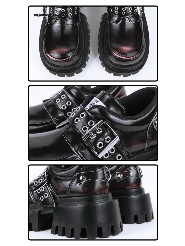 Patent Leather Look Chunky Platform Metal Buckle Eyelet Belt Loafers【s0000011892】