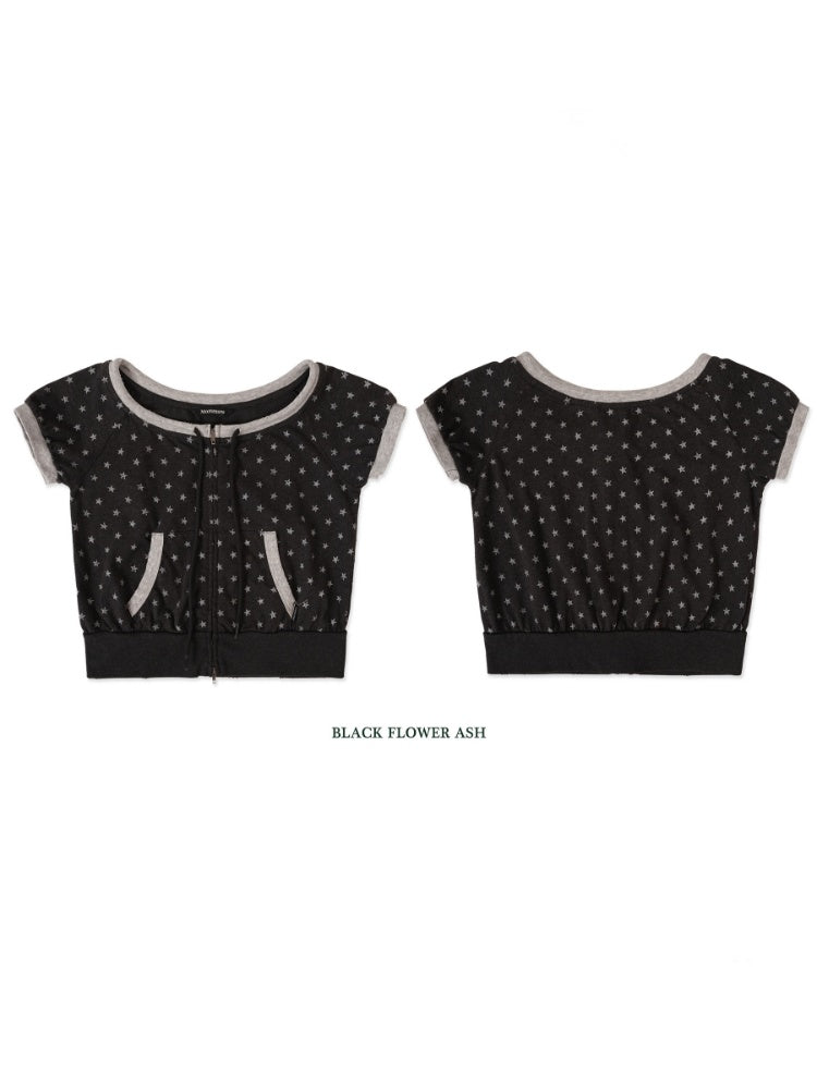Vintage Distressed Crackle Star Contrast Ribbed Double Zip Short Sleeve Cropped Tops【s0000012722】