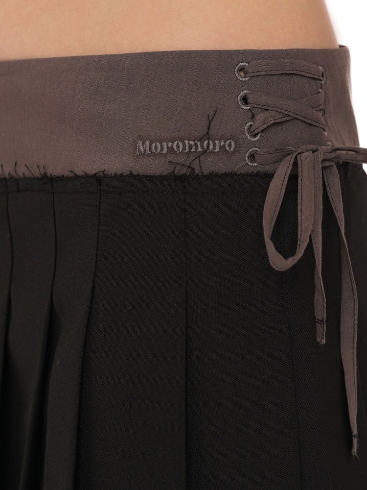 Side Lace-Up Embroidered Label Panel Layered Mesh Pleated Skirt Mini/Knee length【s0000012727】