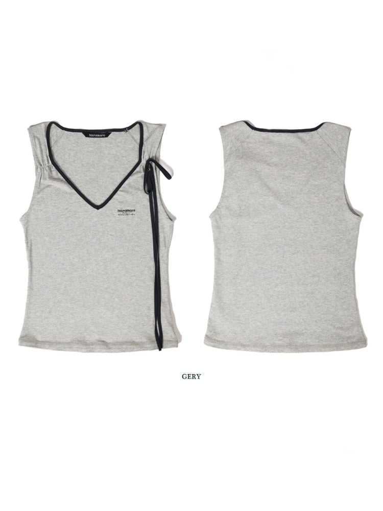 Summer Skin Baring Bow Shirred Tie Contrast Edge Camisole【s0000012749】