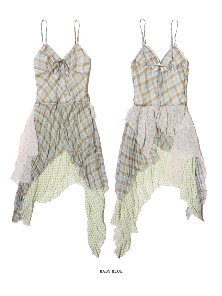 Floral Plaid Dot Layered Stitching Irregular Hem Cami Slip Dress【s0000012750】